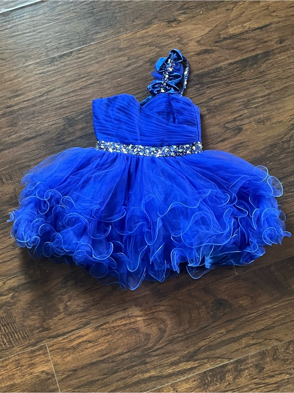 Kids Royal Blue One-Shoulder Ruffled Tulle Dress with Jeweled Waistband
